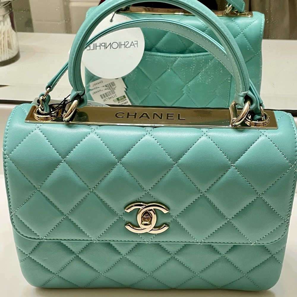 Authentic Certified CHANEL Light Blue-Green Small Trendy CC Flap with Top Handle